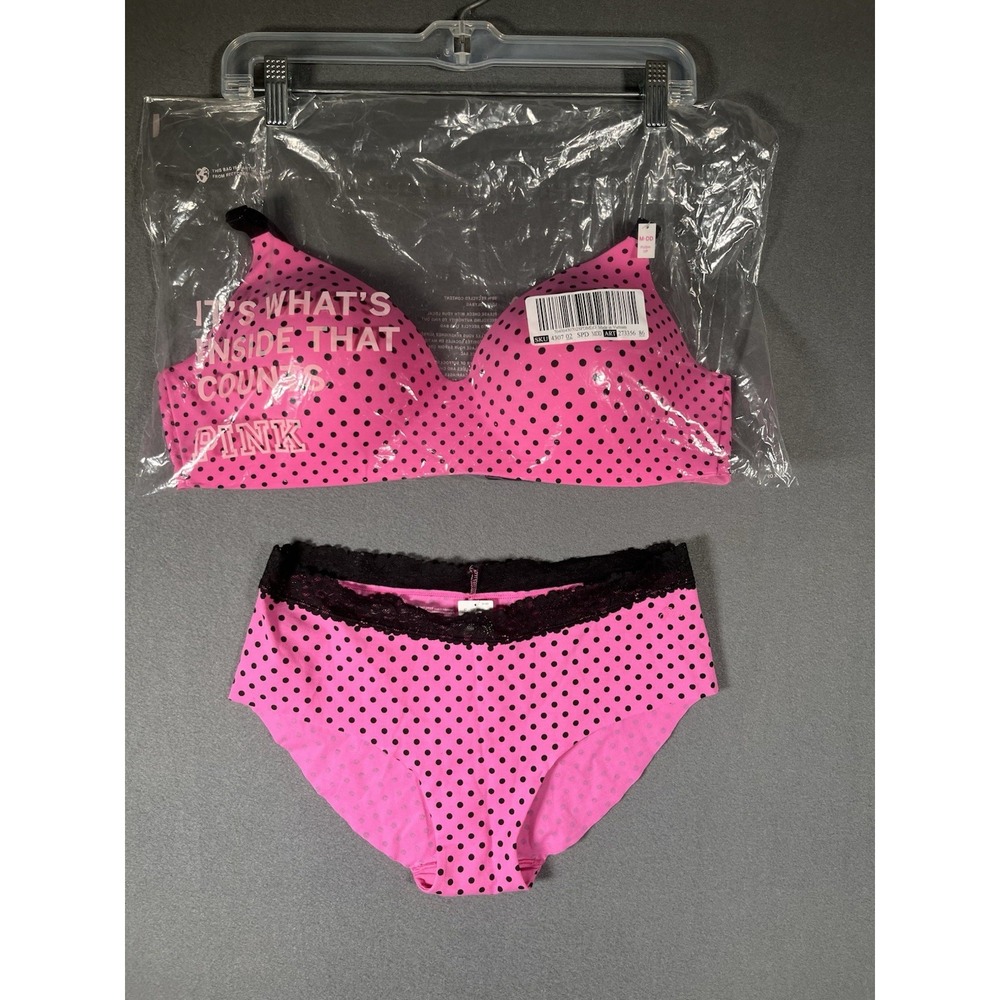 Victoria's Secret NWT Pink Polka Dot Bra Panty Set M-DD Push Up And L